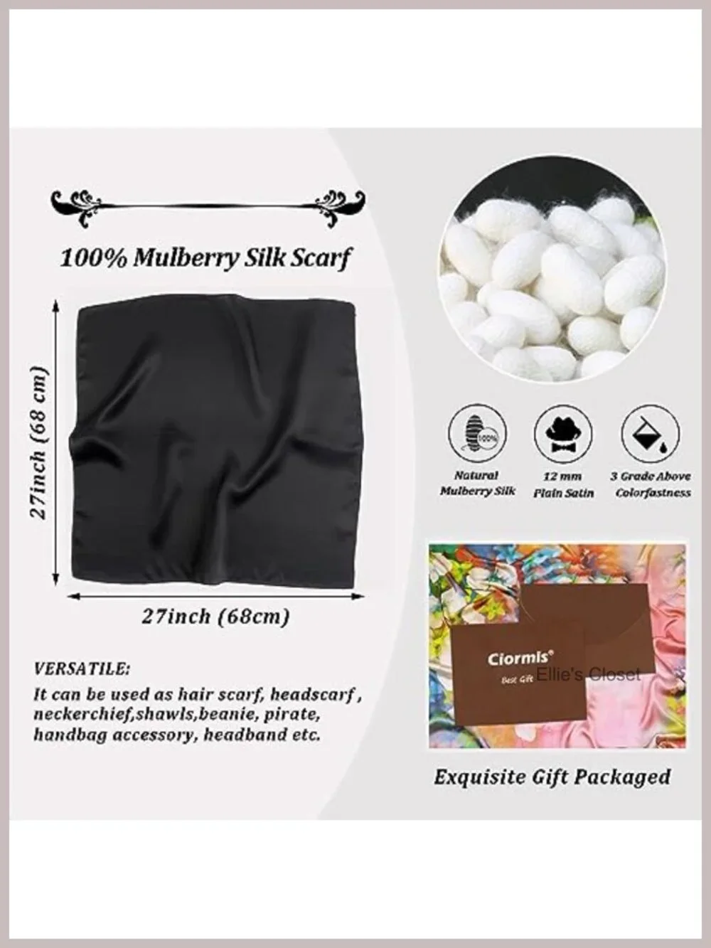 100% Mulberry Silk Square Scarf, Hand-Rolled Edges, Gift Box